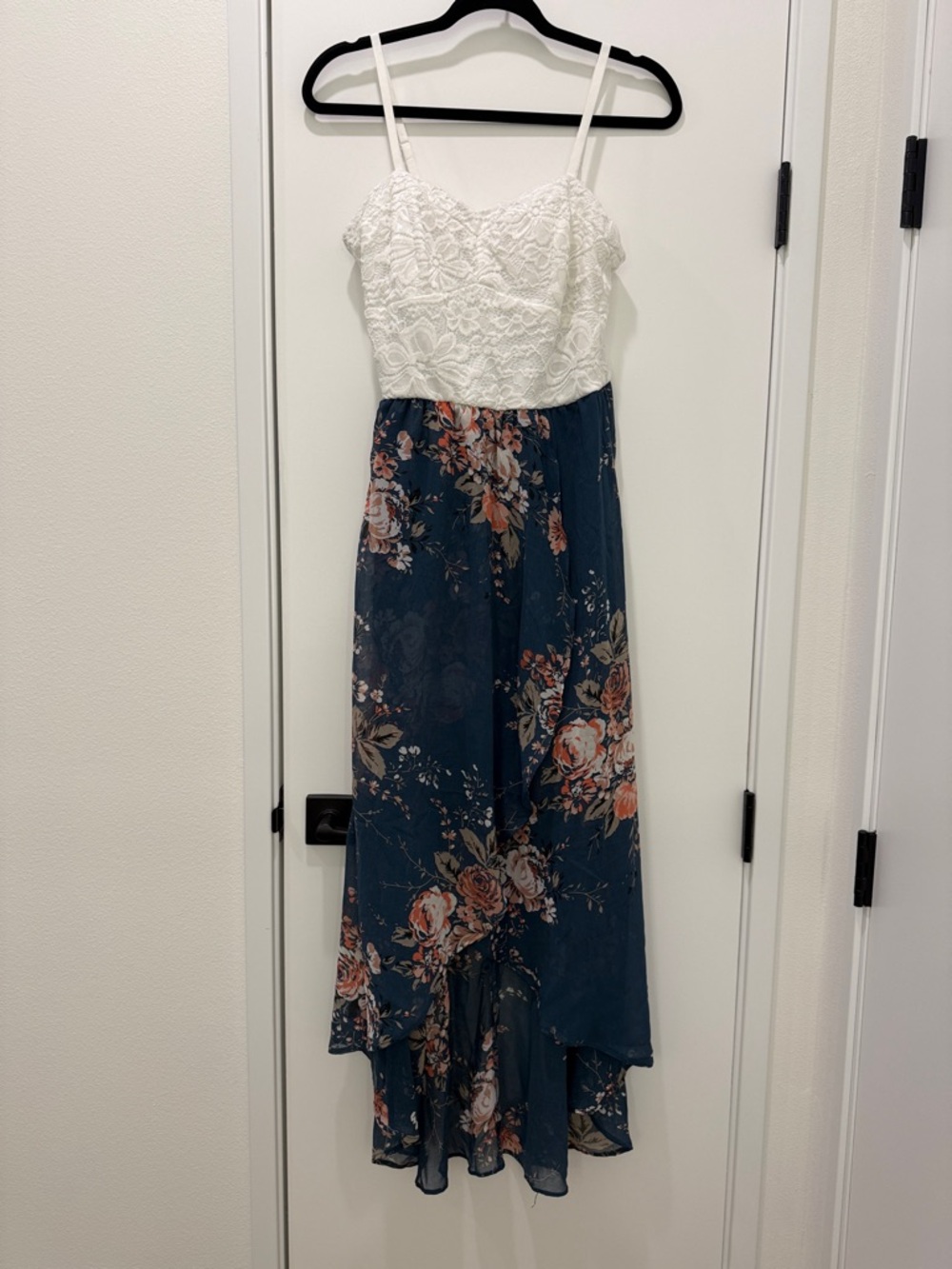White Lace Bodice Navy Floral High-Low Maxi Dress